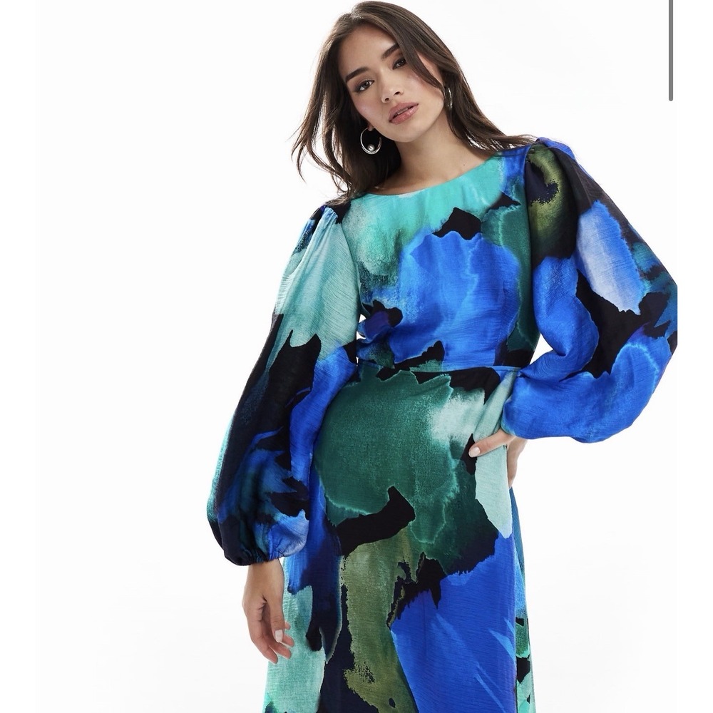NOBODY'S CHILD ZORA Dress Sz 2 MIDAXI Midi Watercolor Puff Sleeve Fit Flare
